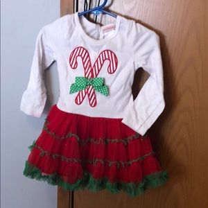 Candy cane Christmas dress with polka dot pants.